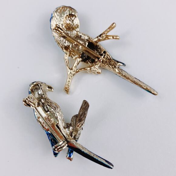 VTG Enamel Blue Bird Brooch Pair 1980s 1990s Gold Tone Rhinestone Figural Pins - Picture 8 of 11